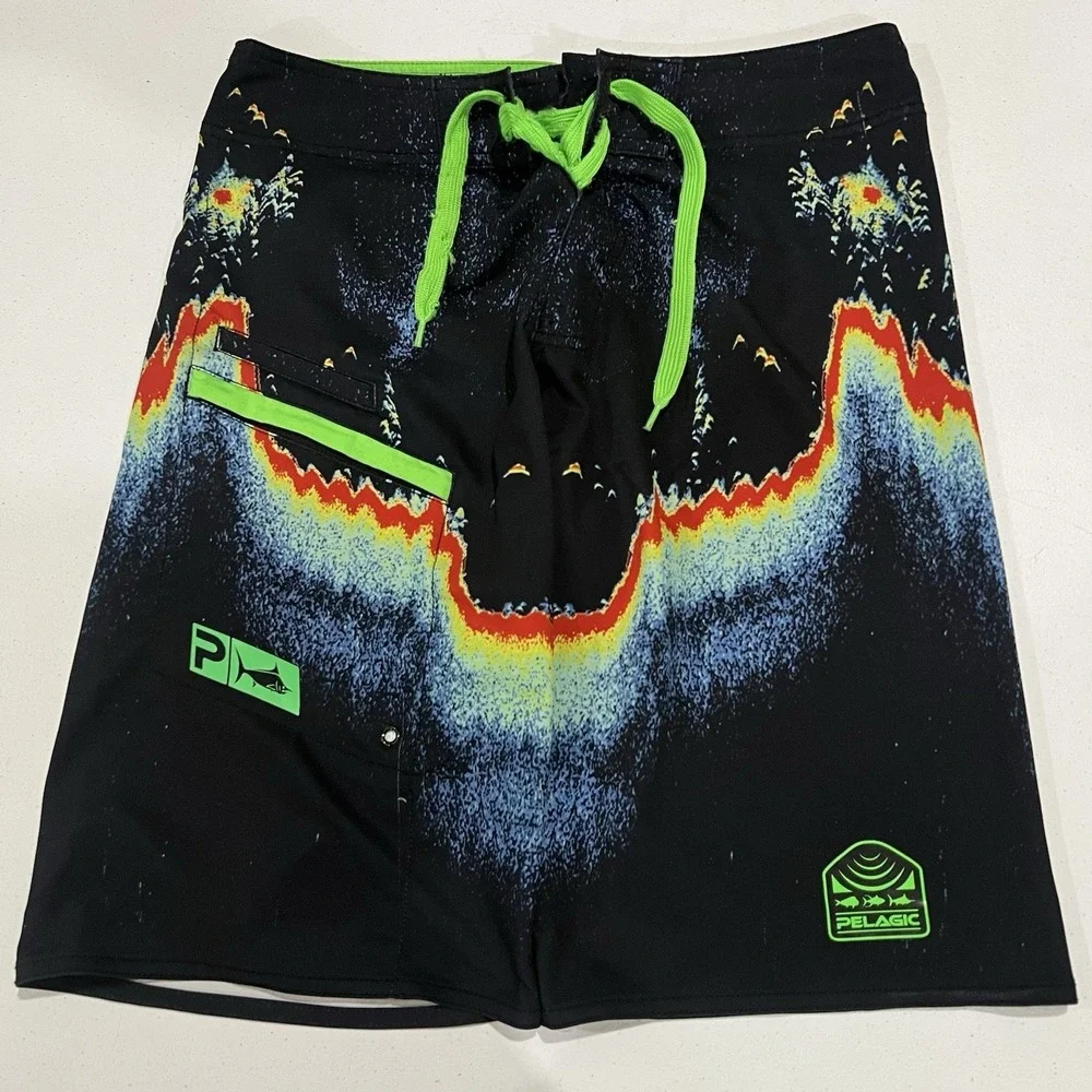 Pelagic 4Tek Black Fish Finder Radar Board Shorts Swim Trunks Mens 30